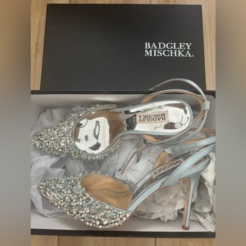 Badgley Mischka Silver and Blue Embellished Heels
